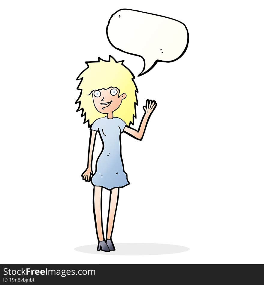 cartoon happy woman waving with speech bubble