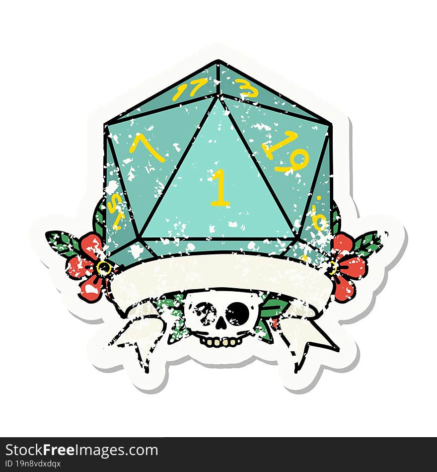 natural one d20 dice roll grunge sticker