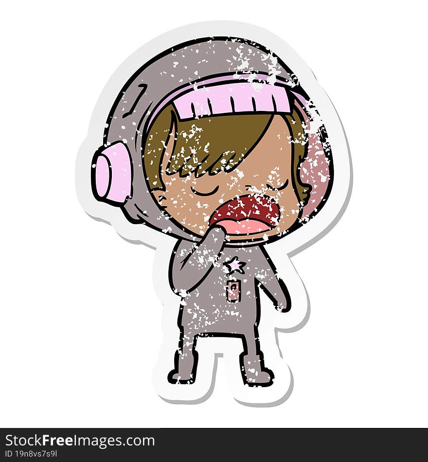 Distressed Sticker Of A Cartoon Astronaut Woman Yawning