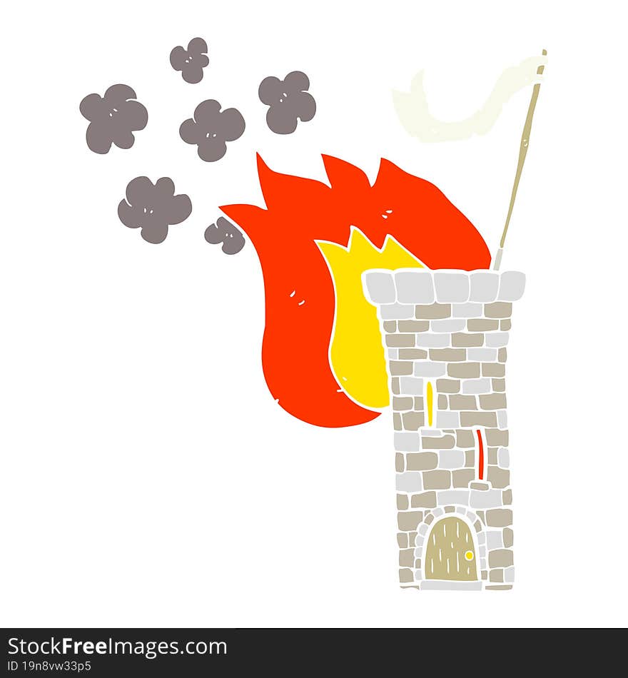 flat color illustration of a cartoon old castle tower waving white flag