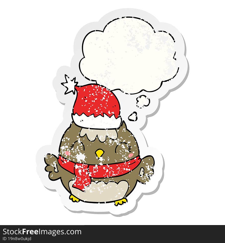 cute christmas owl and thought bubble as a distressed worn sticker