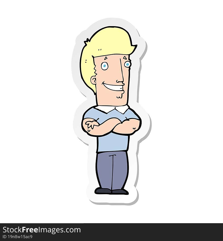 sticker of a cartoon man with folded arms grinning