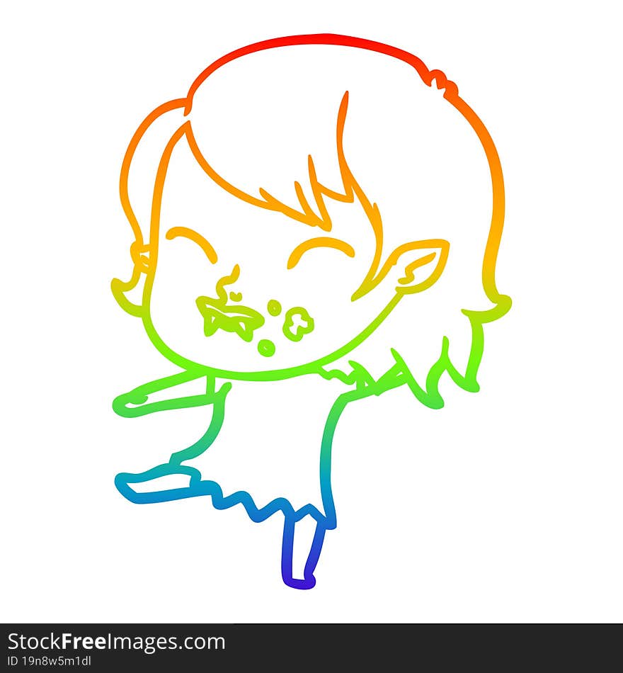 rainbow gradient line drawing cartoon vampire girl with blood on cheek