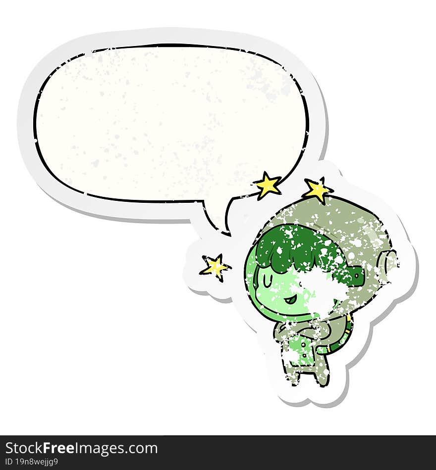 Cartoon Female Future Astronaut In Space Suit And Speech Bubble Distressed Sticker