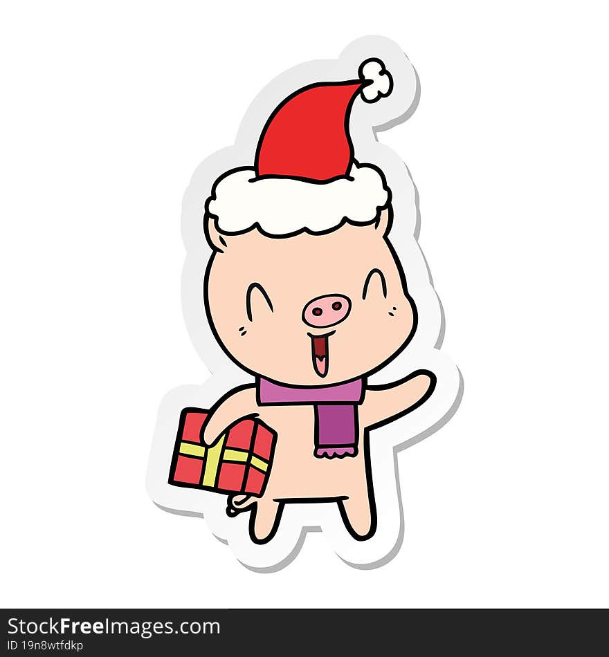 happy hand drawn sticker cartoon of a pig with xmas present wearing santa hat