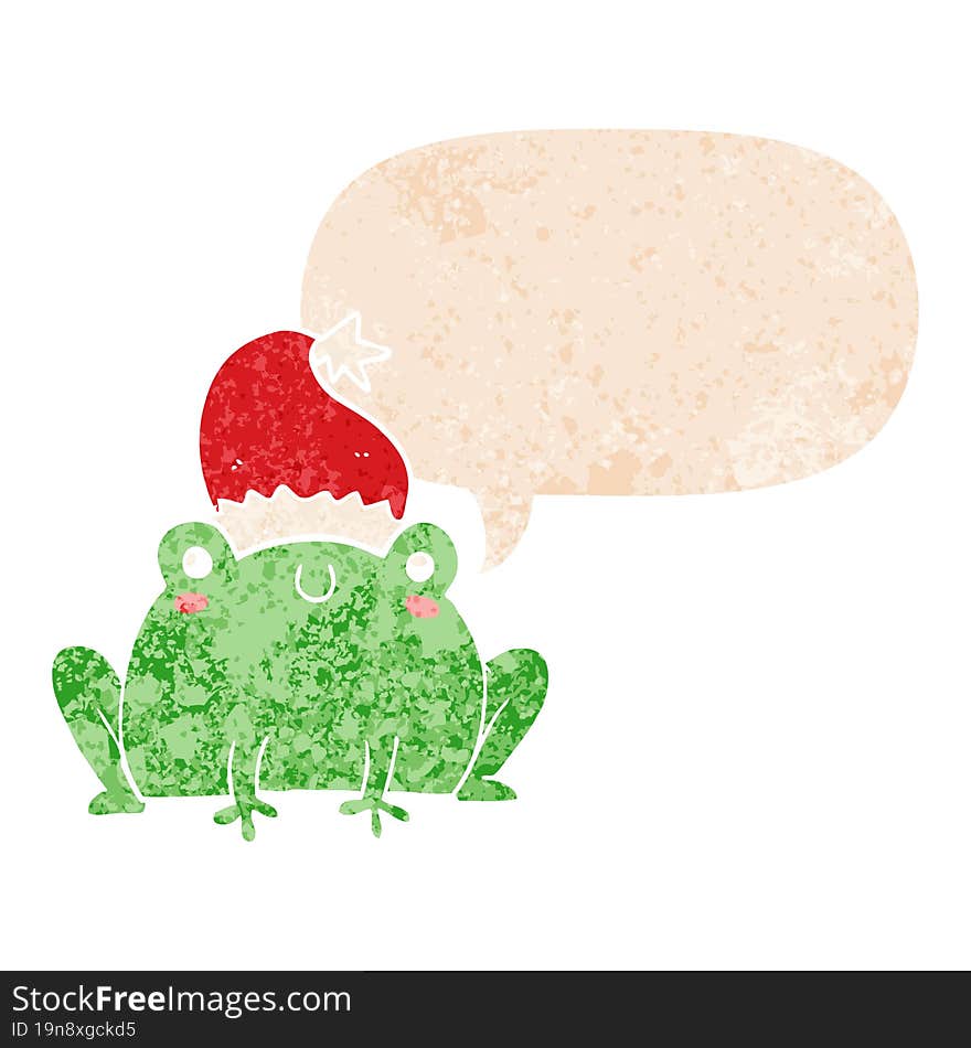 cute cartoon christmas frog and speech bubble in retro textured style