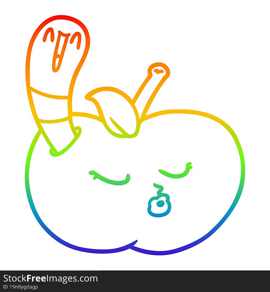 rainbow gradient line drawing cartoon worm in apple