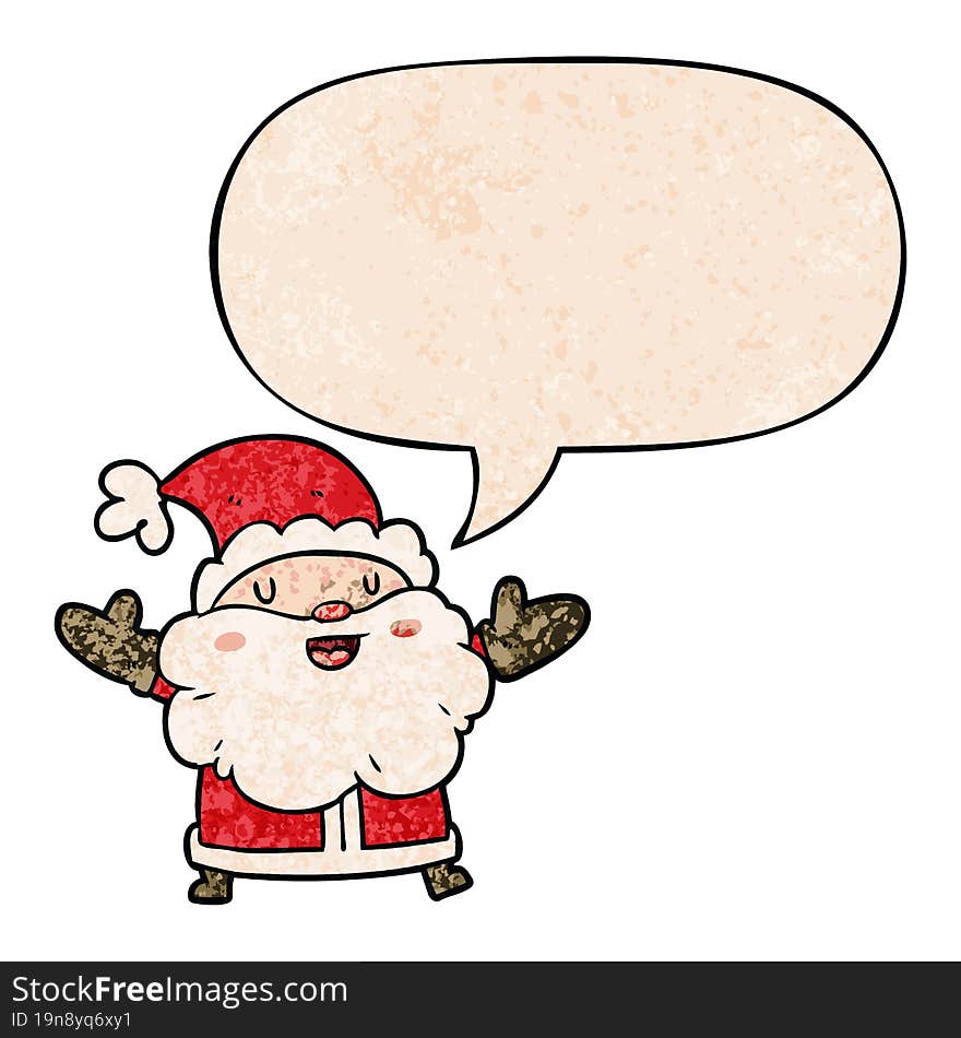 cartoon santa claus and speech bubble in retro texture style