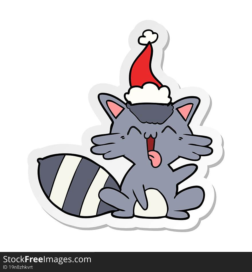 cute sticker cartoon of a raccoon wearing santa hat