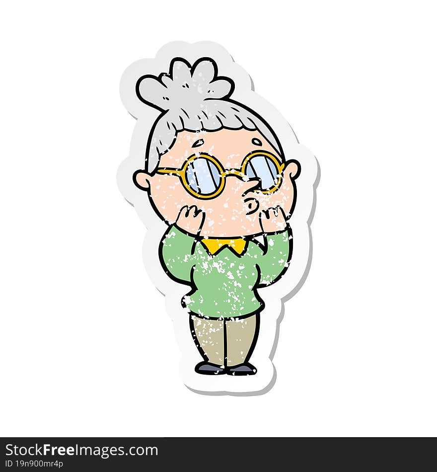 distressed sticker of a cartoon woman wearing glasses