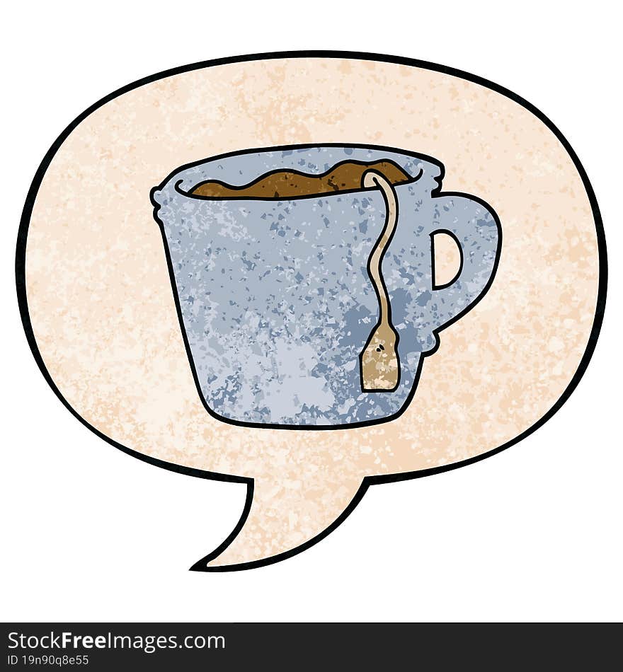 cartoon hot cup of tea with speech bubble in retro texture style