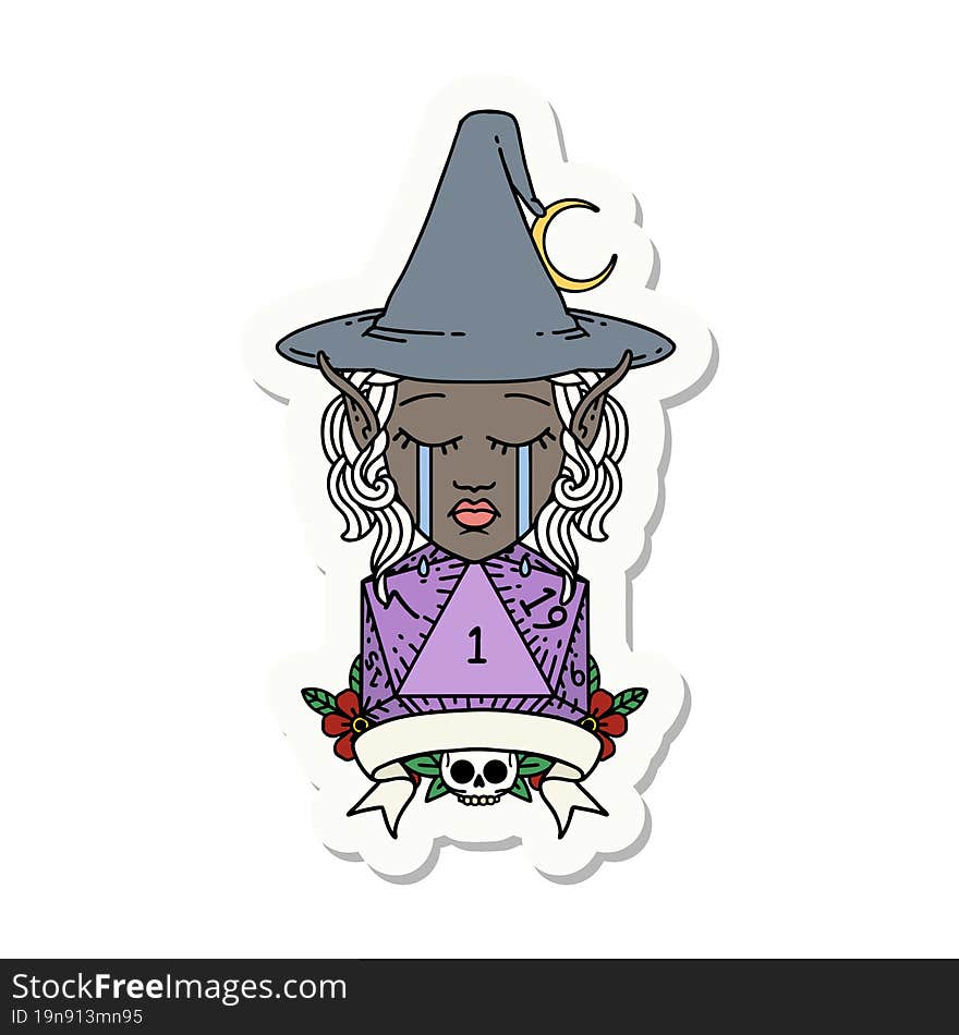 crying elf mage character with natural one dice roll sticker