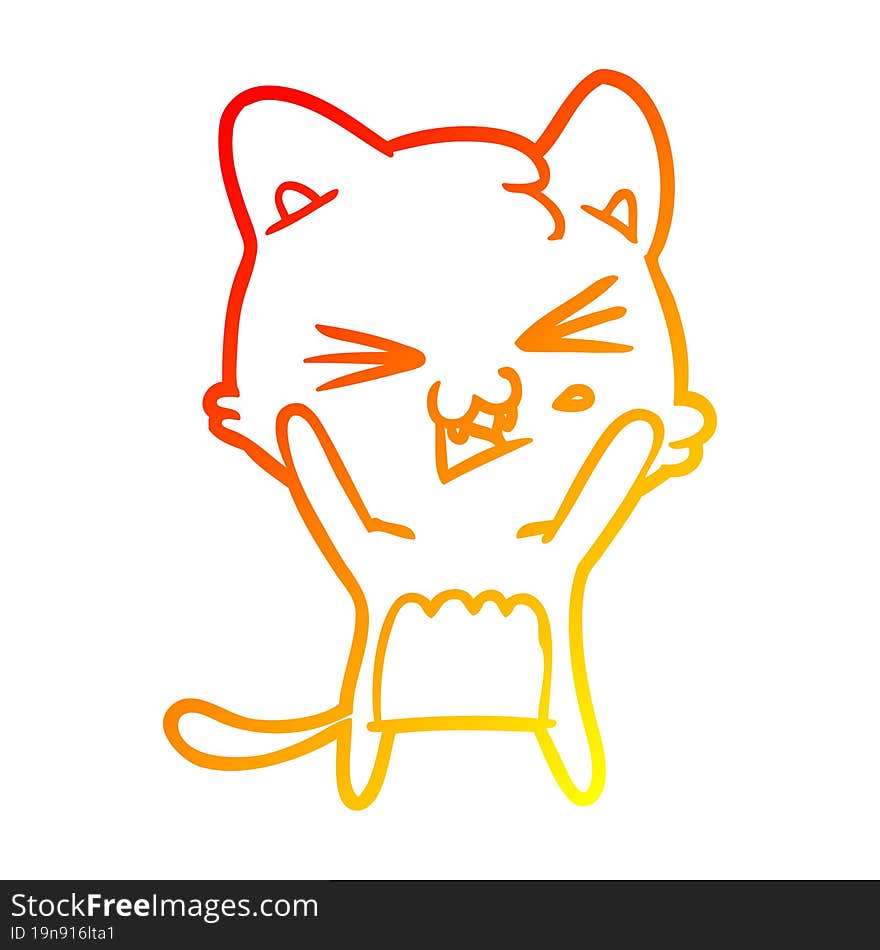 warm gradient line drawing of a cartoon cat hissing