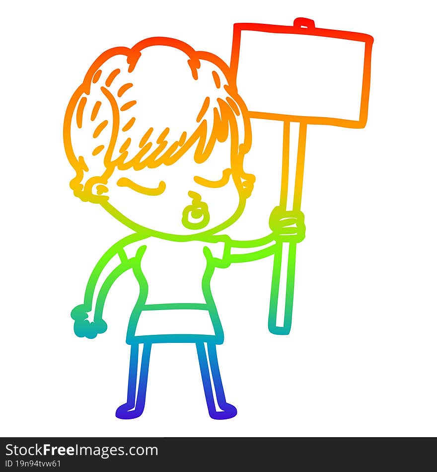 Rainbow Gradient Line Drawing Cartoon Woman With Eyes Shut