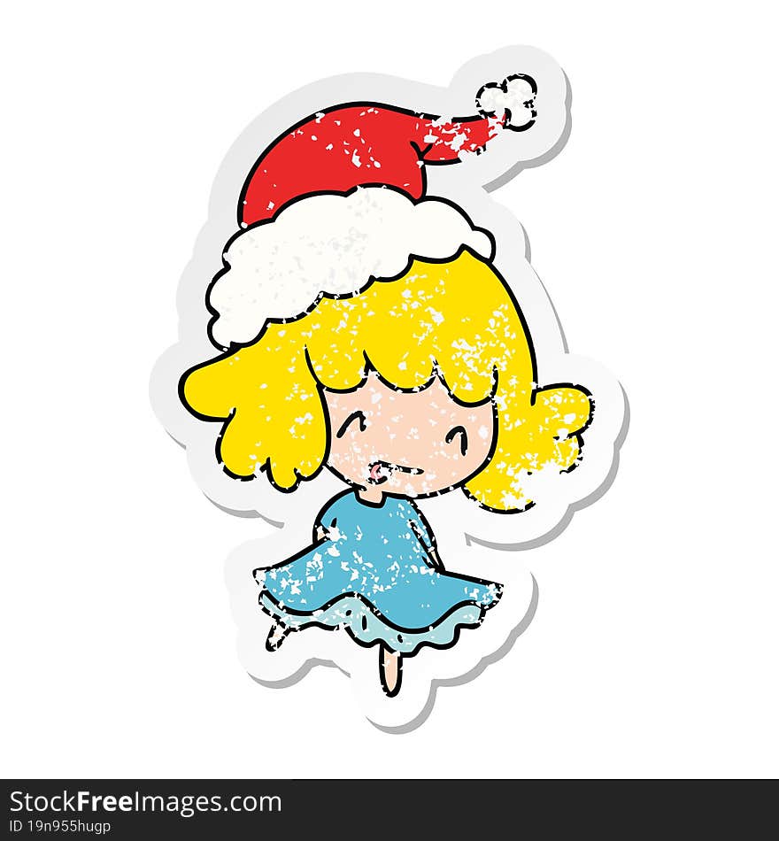 hand drawn christmas distressed sticker cartoon of kawaii girl