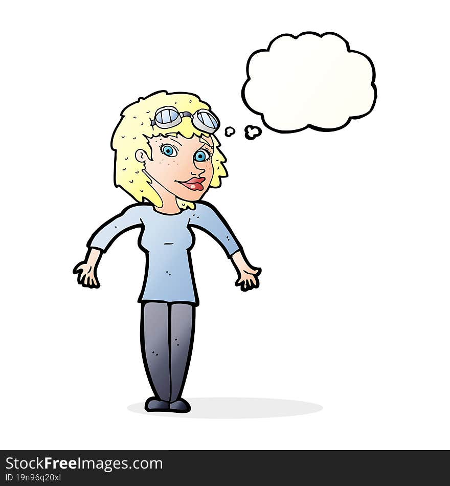 cartoon woman wearing goggles with thought bubble