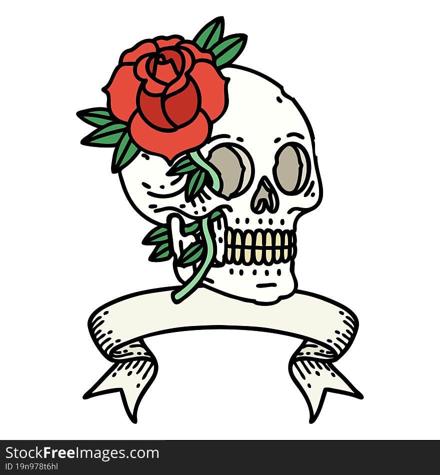 traditional tattoo with banner of a skull and rose