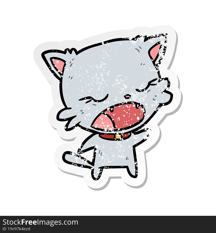 distressed sticker of a cartoon cat talking