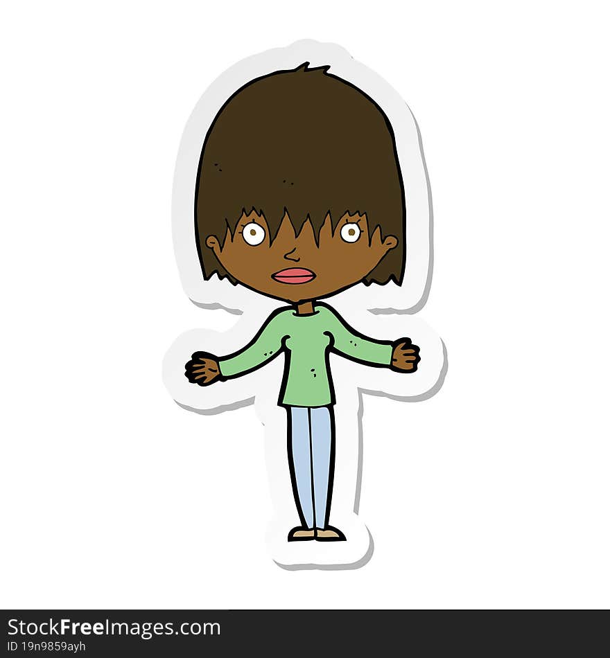 sticker of a cartoon woman shrugging shoulders