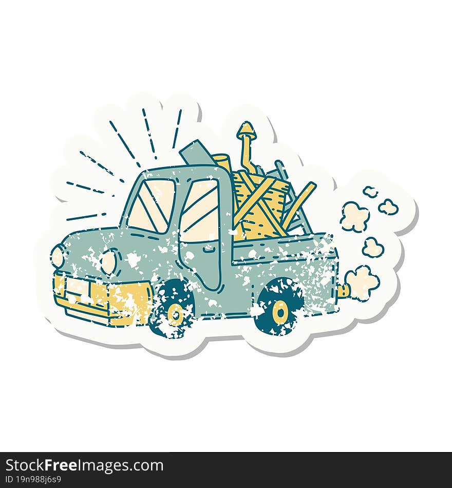 grunge sticker of tattoo style truck carrying junk