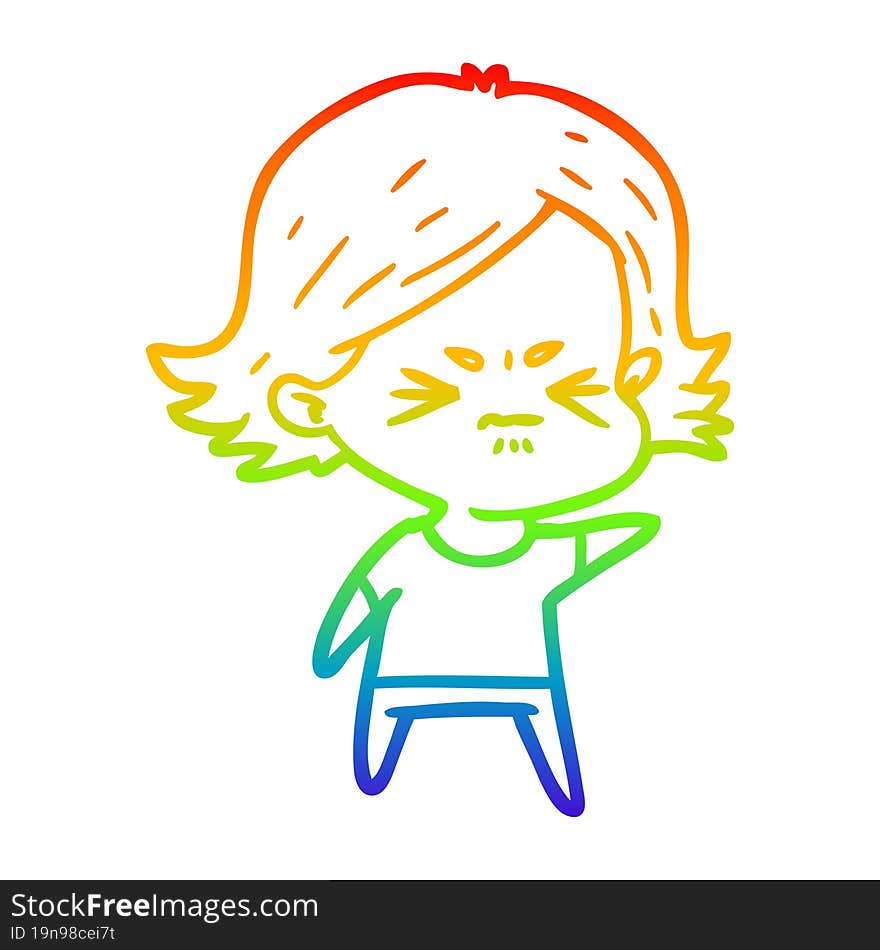 rainbow gradient line drawing of a cartoon angry girl