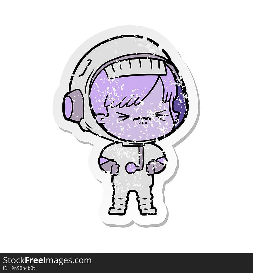 distressed sticker of a angry cartoon space girl