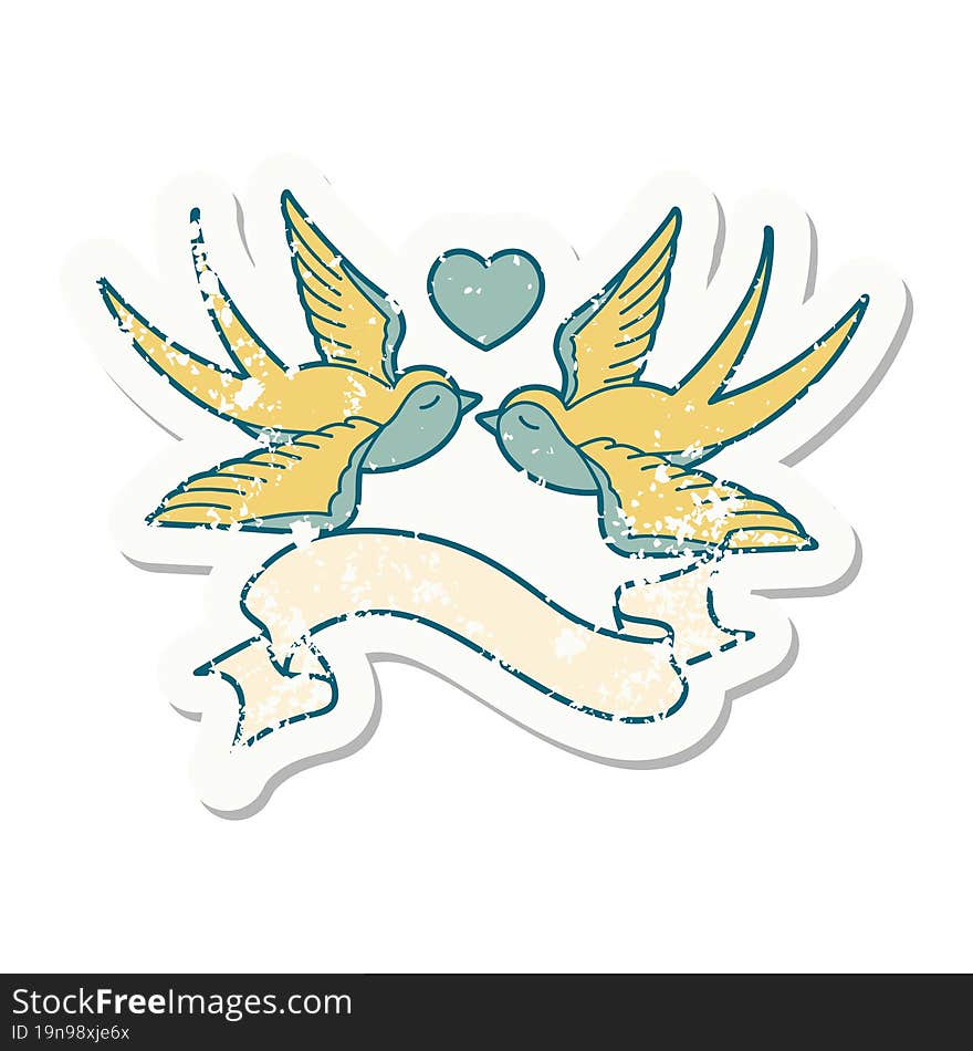 grunge sticker with banner of a swallows and a heart