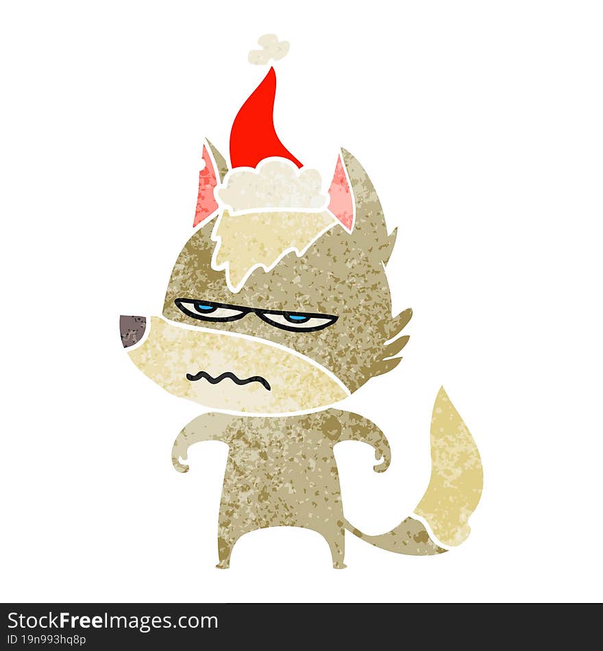 Retro Cartoon Of A Annoyed Wolf Wearing Santa Hat