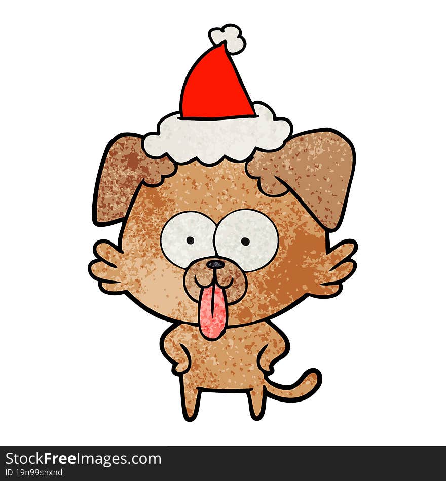 Textured Cartoon Of A Dog With Tongue Sticking Out Wearing Santa Hat