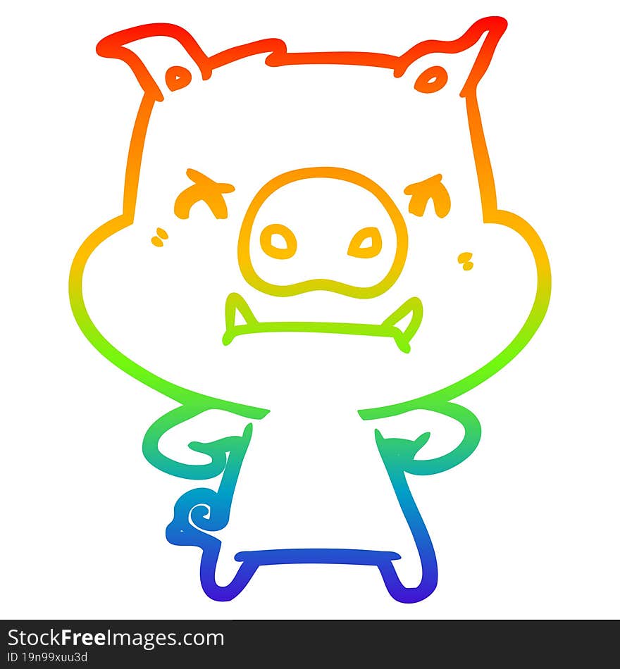 rainbow gradient line drawing of a angry cartoon pig