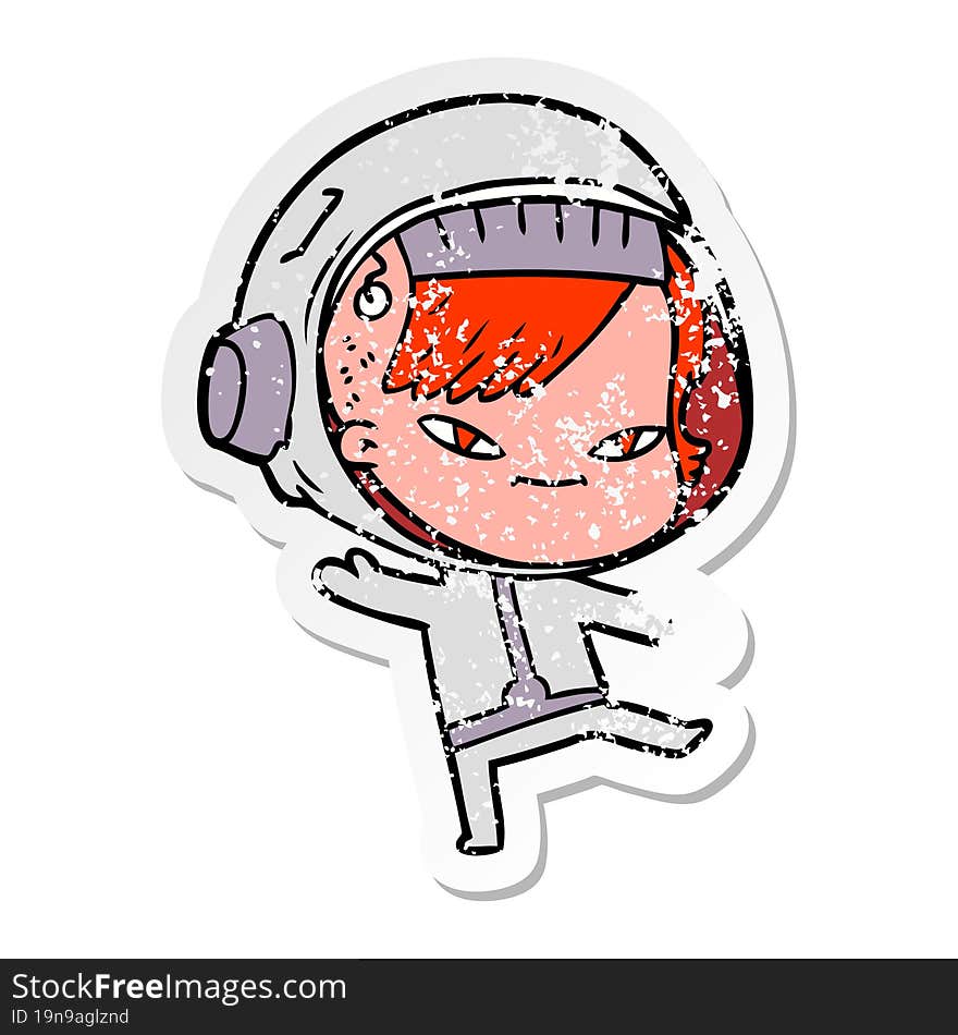 distressed sticker of a cartoon astronaut woman