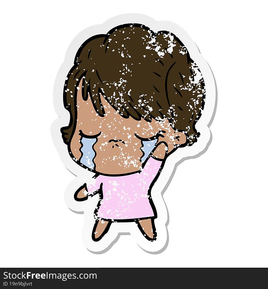 distressed sticker of a cartoon woman crying