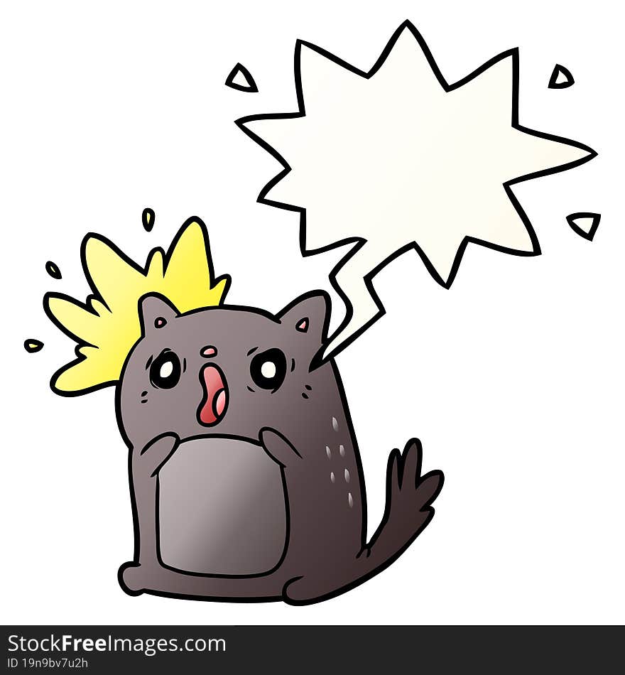 cartoon shocked cat amazed and speech bubble in smooth gradient style