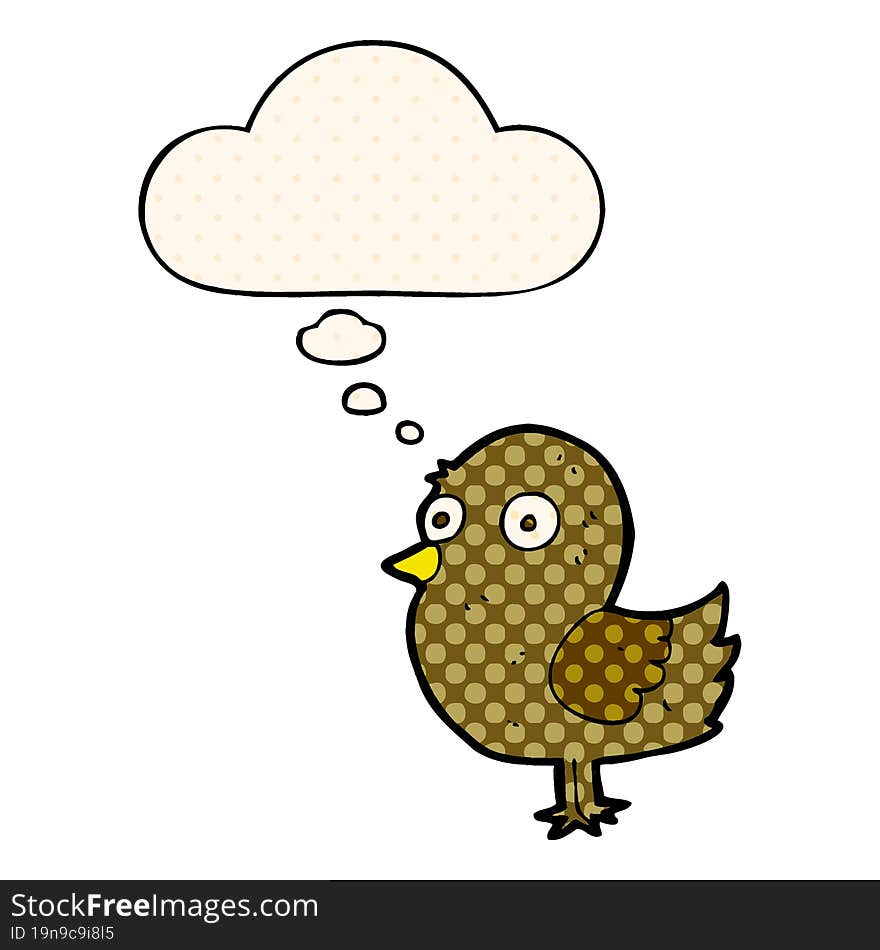 cartoon bird with thought bubble in comic book style