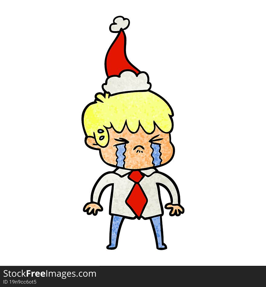 textured cartoon of a boy crying wearing santa hat