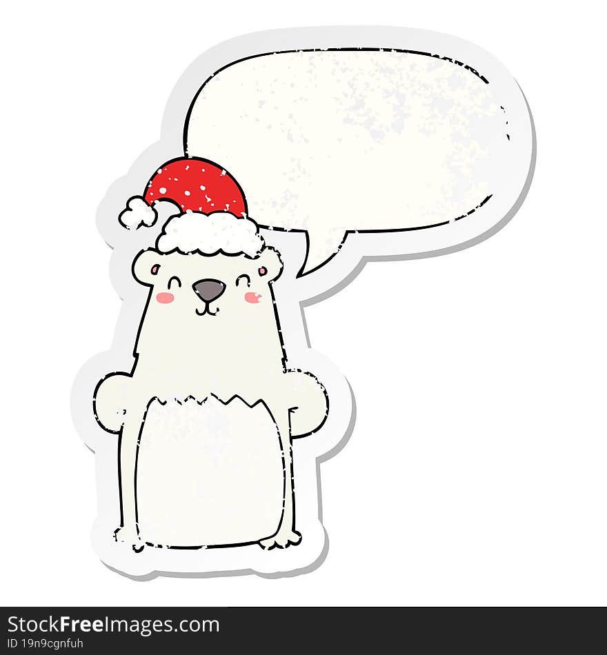 cartoon bear wearing christmas hat and speech bubble distressed sticker