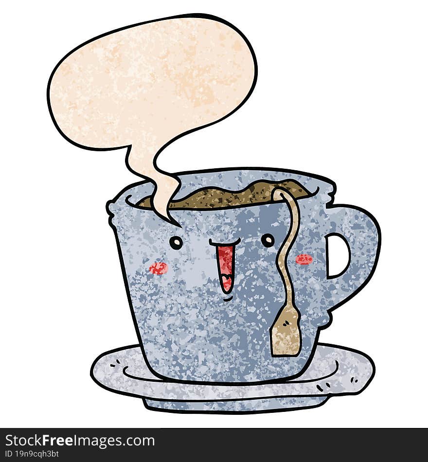 cute cartoon cup and saucer and speech bubble in retro texture style