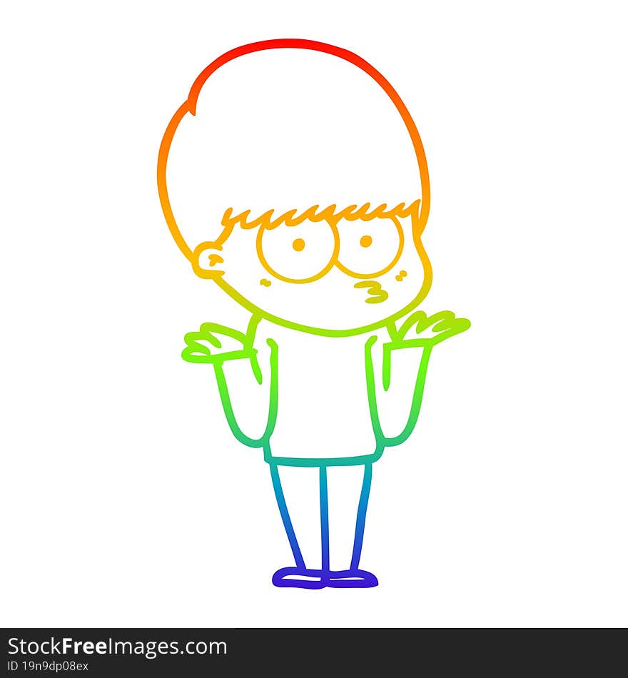 rainbow gradient line drawing confused cartoon boy shrugging shoulders