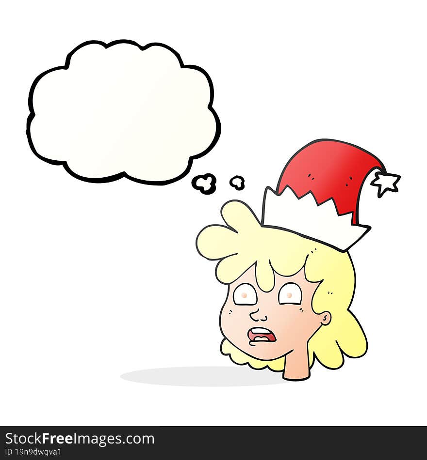 freehand drawn thought bubble cartoon stressed woman wearing santa hat. freehand drawn thought bubble cartoon stressed woman wearing santa hat