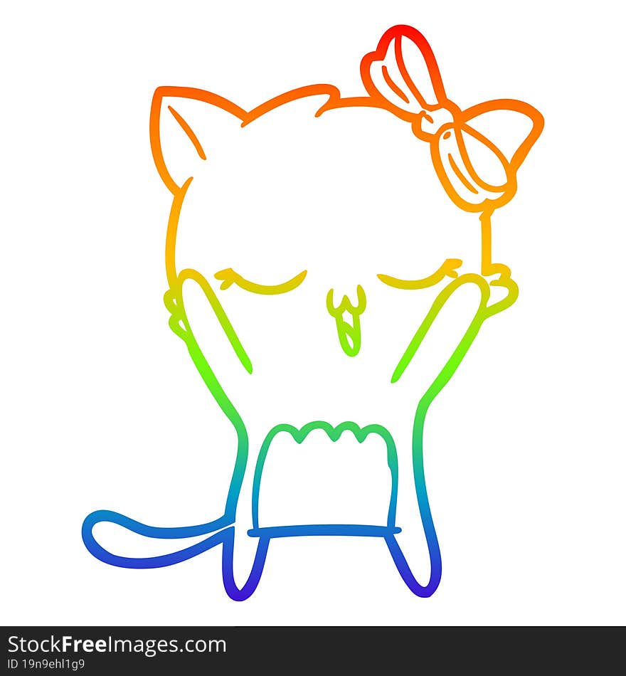 Rainbow Gradient Line Drawing Cartoon Cat With Bow On Head