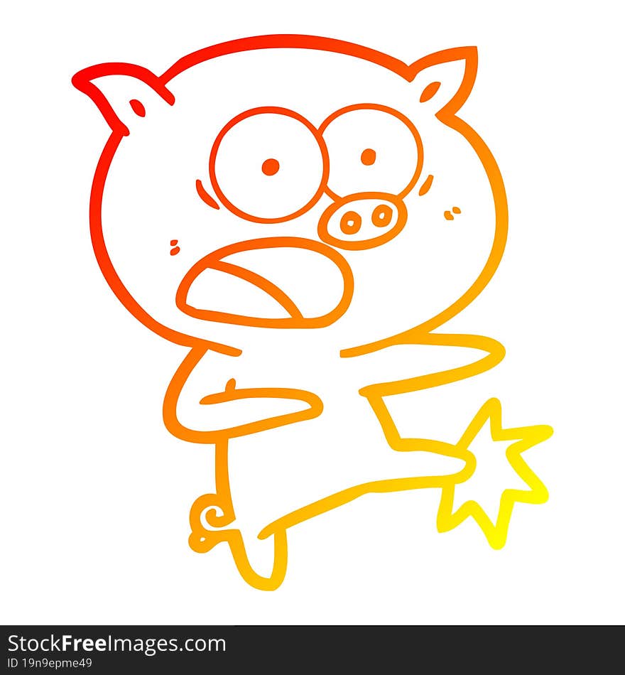 Warm Gradient Line Drawing Cartoon Pig Shouting And Kicking