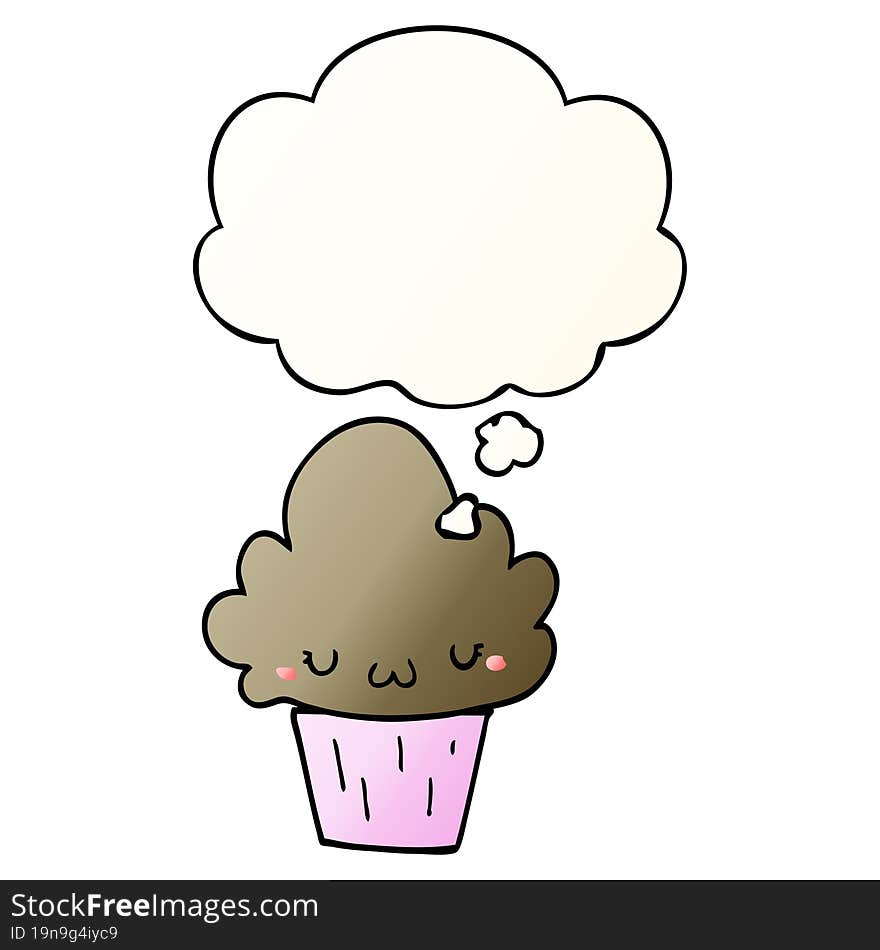 cartoon cupcake with face and thought bubble in smooth gradient style