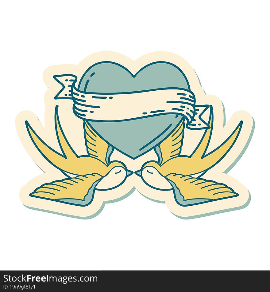 tattoo style sticker of a swallows and a heart with banner