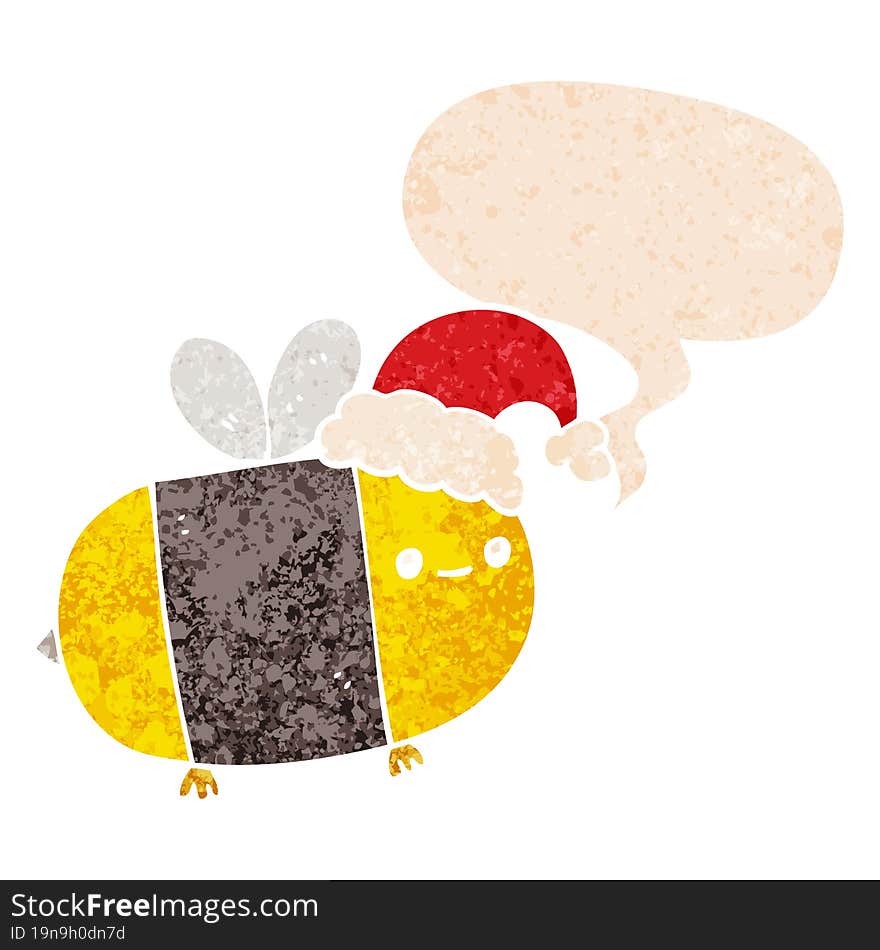 cartoon christmas bee and speech bubble in retro textured style