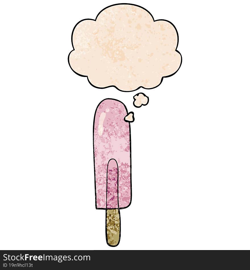 cartoon ice lolly and thought bubble in grunge texture pattern style