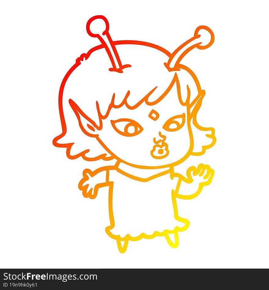 warm gradient line drawing pretty cartoon alien girl