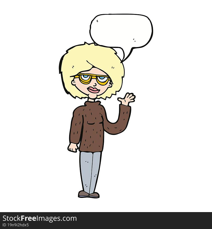 cartoon woman waving with speech bubble