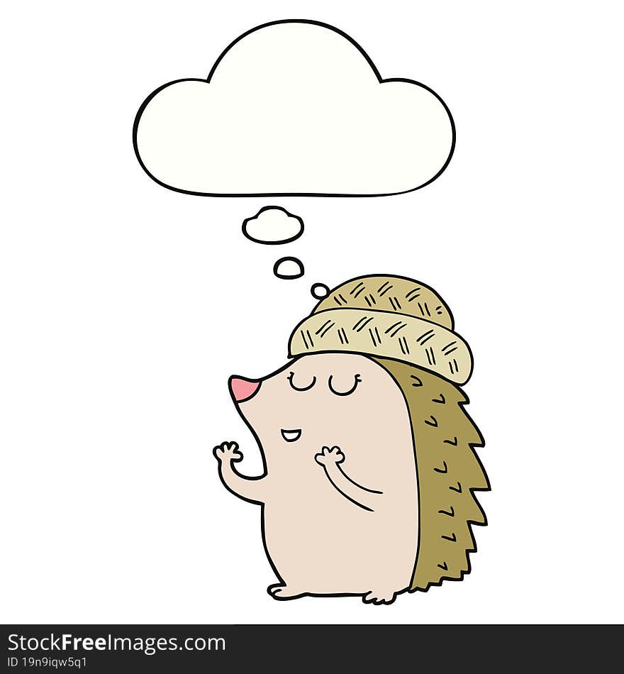 cartoon hedgehog wearing hat and thought bubble