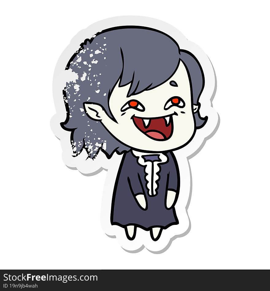 distressed sticker of a cartoon laughing vampire girl