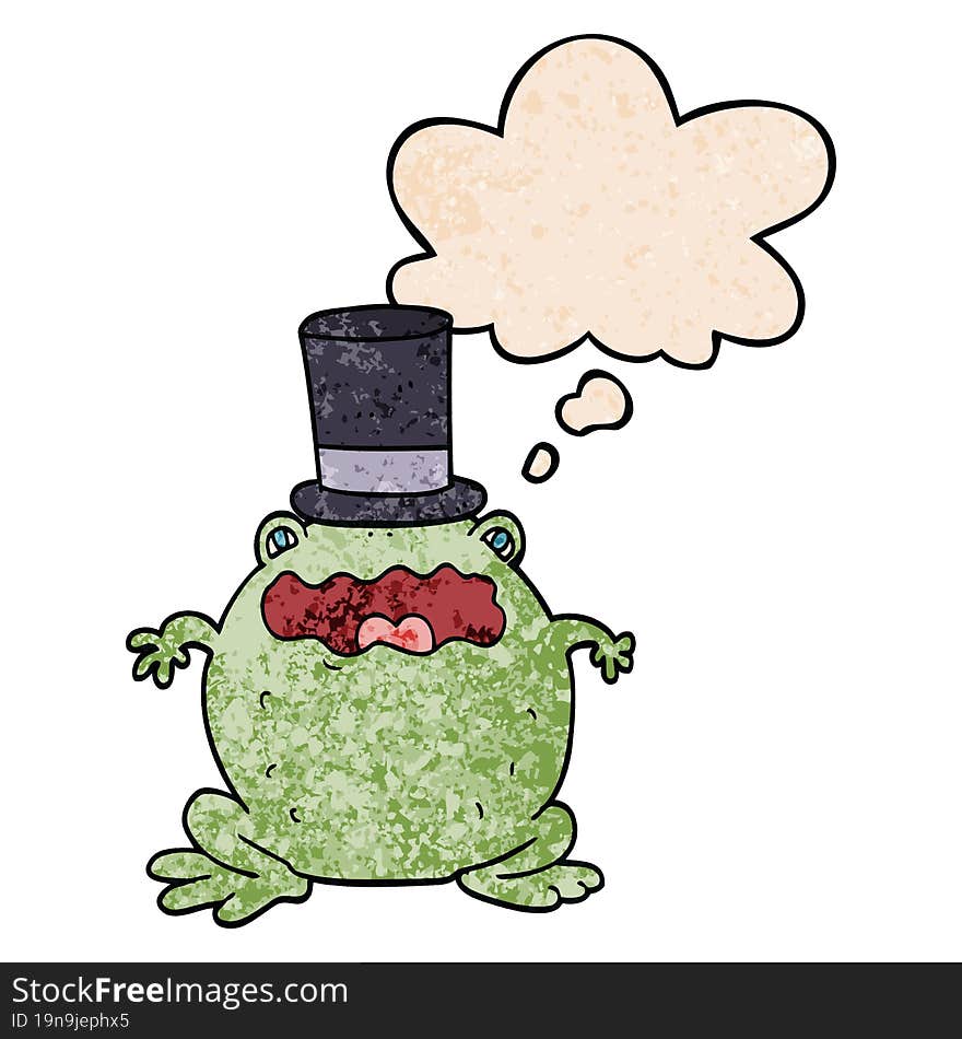 Cartoon Toad Wearing Top Hat And Thought Bubble In Grunge Texture Pattern Style